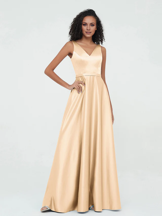 Satin Spaghetti-Strap V-Neck Ruched Bodice A-Line Floor-Length Bridesmaid Dresses