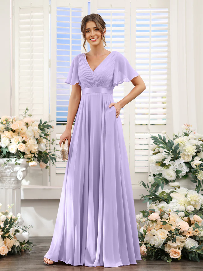 Chiffon Flutter-Sleeve V-Neck Beaded Waist A-Line Floor-Length Blush Pink Bridesmaid Dresses