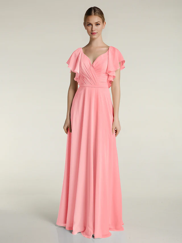 Chiffon Flutter-Sleeve V-Neck Ruched Bodice A-Line Floor-Length Bridesmaid Dresses