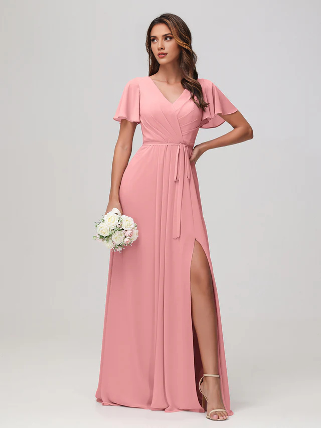 Chiffon Short-Sleeve V-Neck Ruched Bodice High-Slit A-Line Floor-Length Bridesmaid Dresses