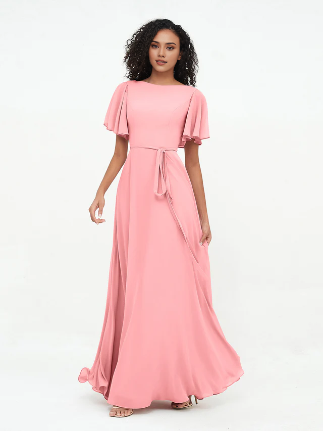 Chiffon Short-Sleeve Boat Neck Tie-Waist A-Line Floor-Length Bridesmaid Dresses
