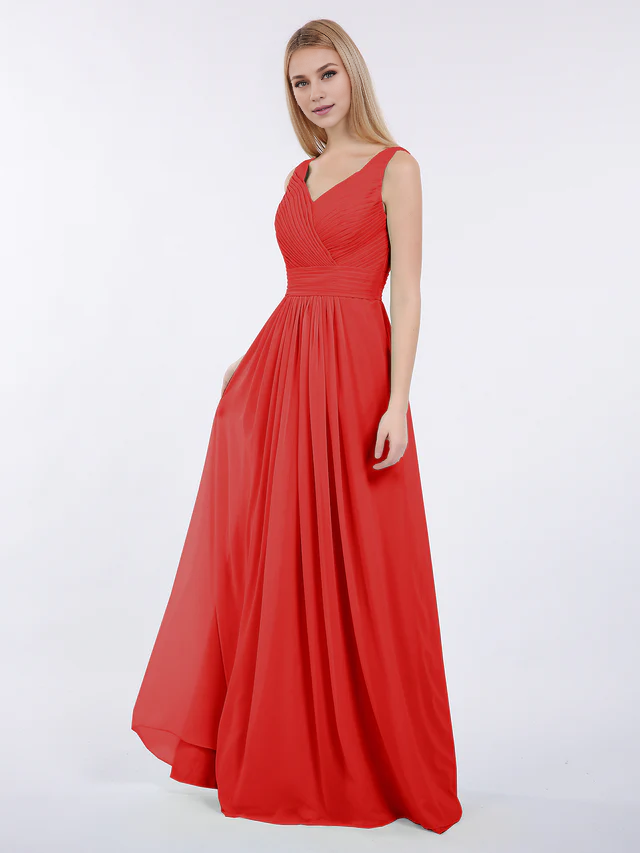 Chiffon Spaghetti-Strap V-Neck Ruched Bodice A-Line Floor-Length Bridesmaid Dresses