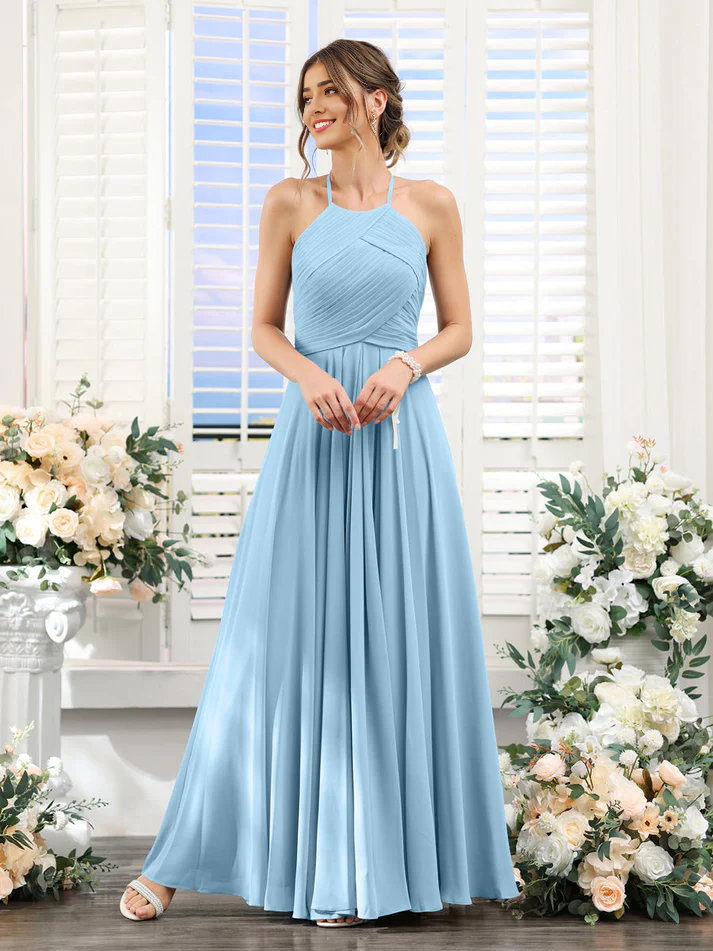 Chiffon Halter Neck Ruched Bodice A-Line Floor-Length Elegant Bridesmaid Dress