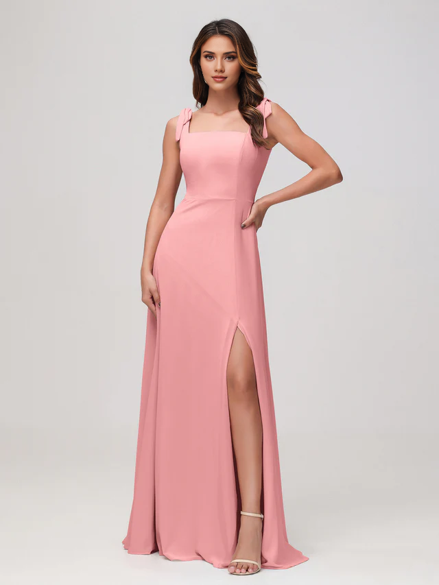 Satin Square Neck Spaghetti-Strap Ruched Bodice High-Slit Sheath Floor-Length Bridesmaid Dresses
