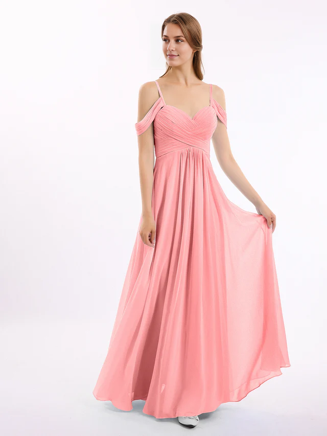 Chiffon Off-Shoulder Sweetheart Neckline Ruched Bodice A-Line Floor-Length Bridesmaid Dresses