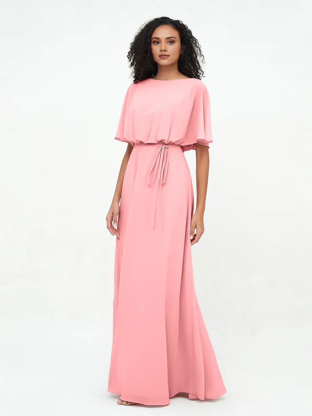 Chiffon Short-Sleeve Boat Neck Tie-Waist A-Line Floor-Length Bridesmaid Dresses