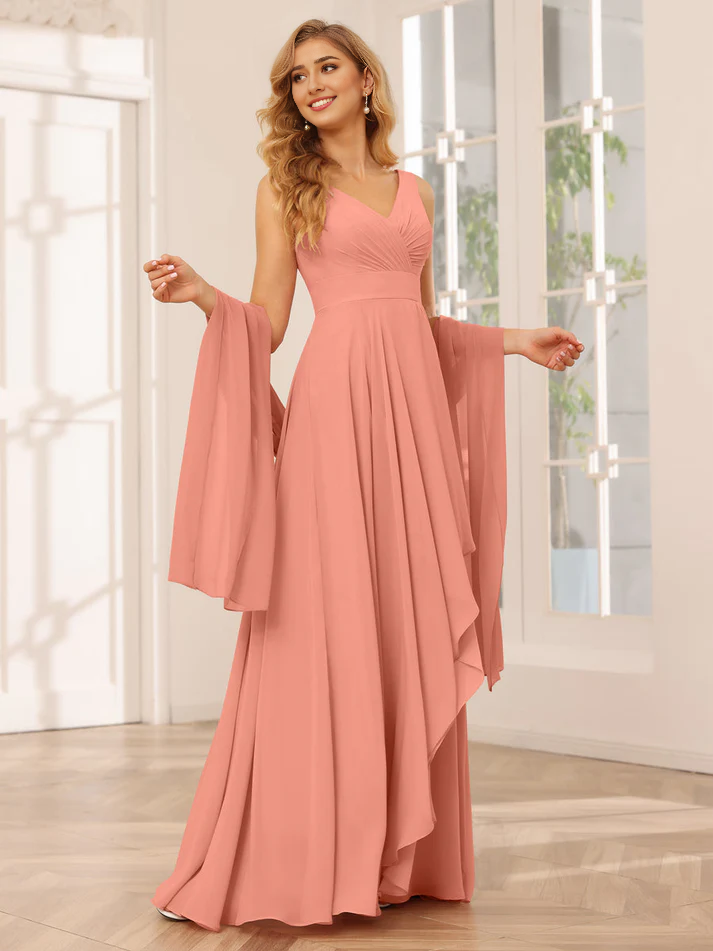 Chiffon V-Neck Detachable Bell-Sleeve High-Low A-Line Floor-Length Versatile Bridesmaid Dress