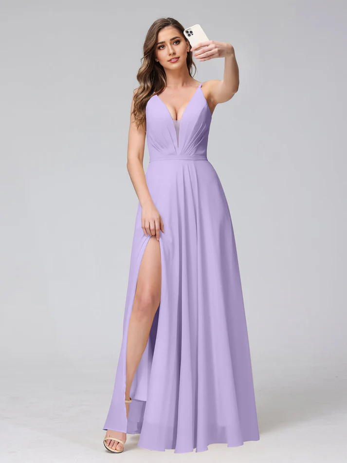 Chiffon Spaghetti-Strap V-Neck Ruched Bodice High-Slit A-Line Floor-Length Romantic Bridesmaid Dress