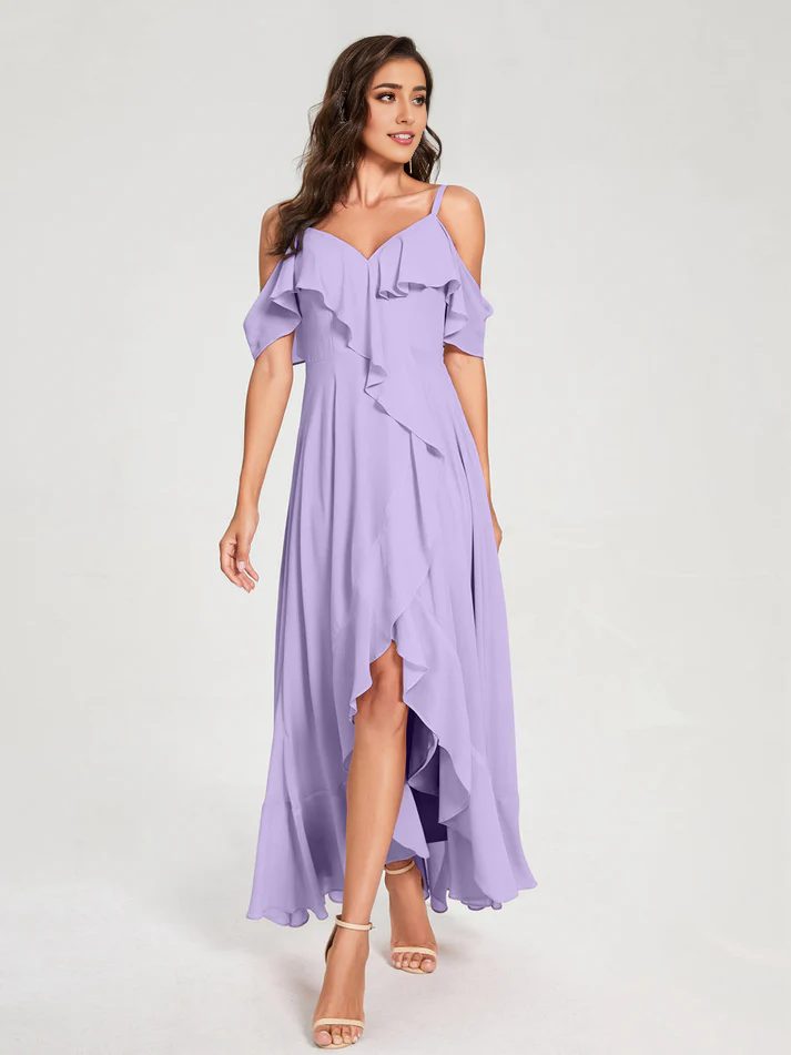 Chiffon Cold-Shoulder Spaghetti-Strap High-Slit Asymmetrical Floor-Length Stylish Bridesmaid Dress