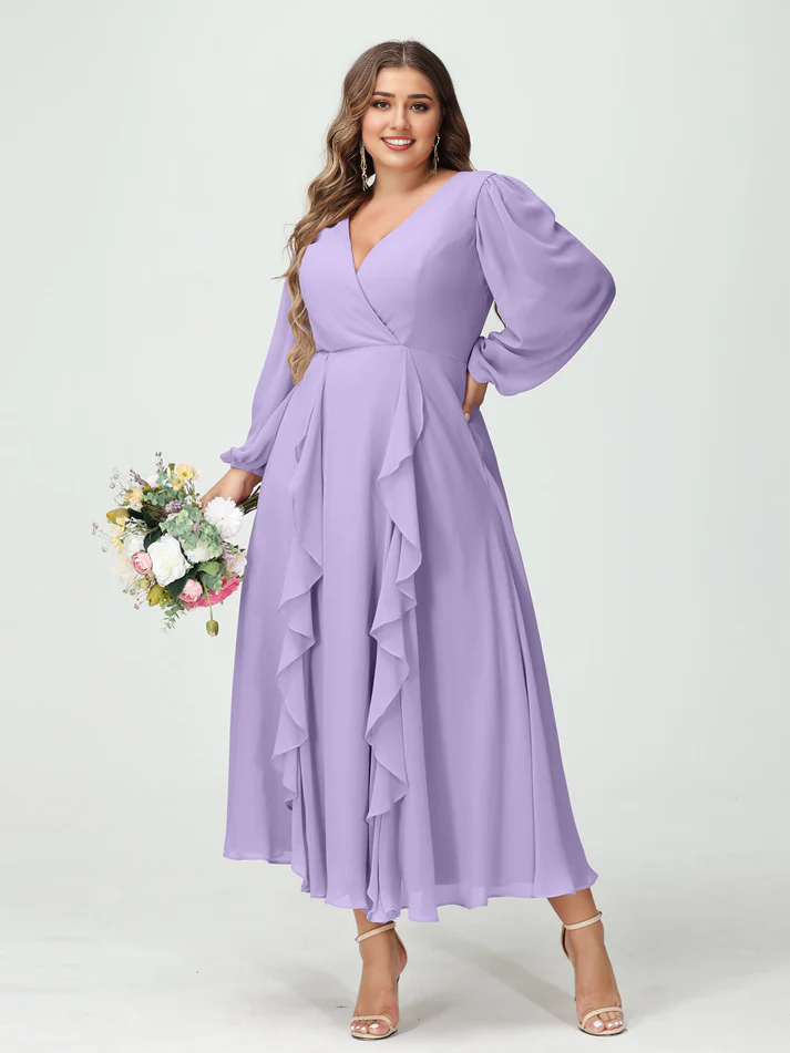 Chiffon Long-Sleeve V-Neck Ruffled Wrap Bodice High-Low A-Line Floor-Length Elegant Bridesmaid Dress