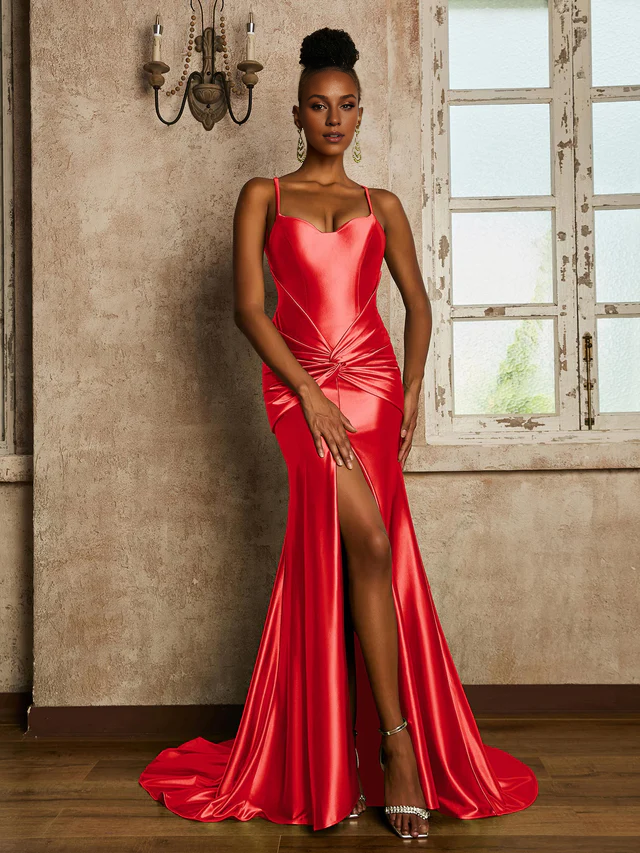 Satin Spaghetti-Strap Ruched Bodice High-Slit Sheath Train Floor-Length Bridesmaid Dresses