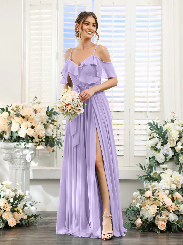 Chiffon Off-the-Shoulder Short-Sleeve Ruched Bodice High-Slit A-Line Floor-Length Elegant Bridesmaid Dress
