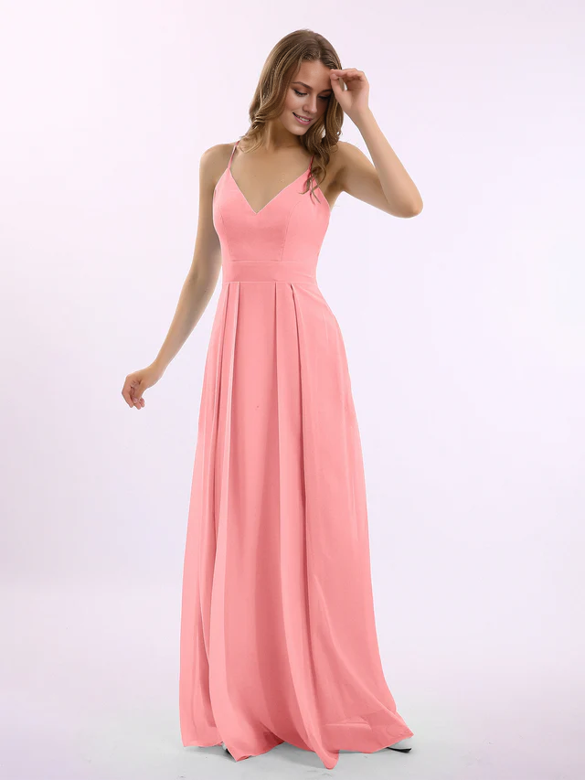 Chiffon Spaghetti-Strap Deep V-Neck A-Line Floor-Length Bridesmaid Dresses