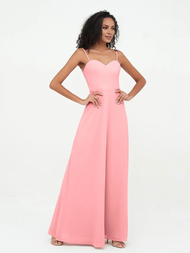 Chiffon Spaghetti-Strap Ruched Bodice Wide-Leg Jumpsuit Floor-Length Bridesmaid Dresses