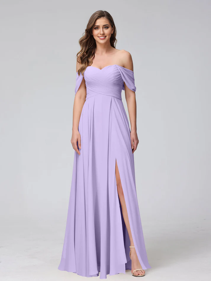 Chiffon Off-the-Shoulder Short-Sleeve Ruched Bodice High-Slit A-Line Floor-Length Elegant Bridesmaid Dress