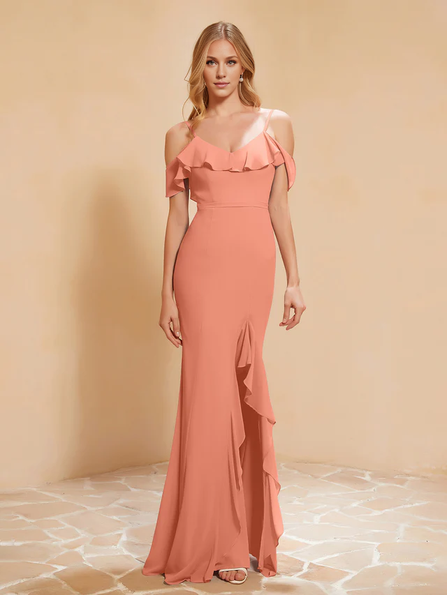 Chiffon Off-Shoulder Ruffled Bodice Sheath High-Slit Floor-Length Bridesmaid Dresses