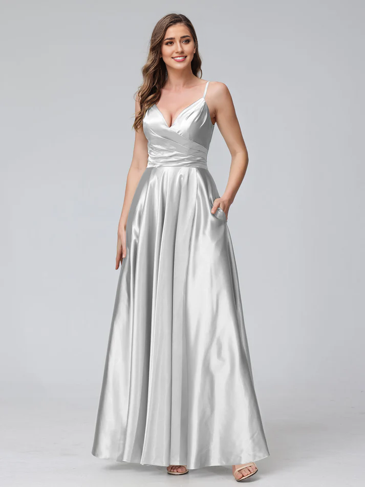 Satin Spaghetti-Strap Sweetheart Neckline Ruched Side A-Line Floor-Length Elegant Bridesmaid Dress