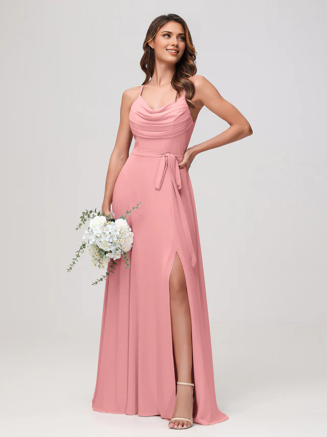 Chiffon Spaghetti-Strap Sweetheart Neckline Ruched Bodice High-Slit A-Line Floor-Length Bridesmaid Dresses