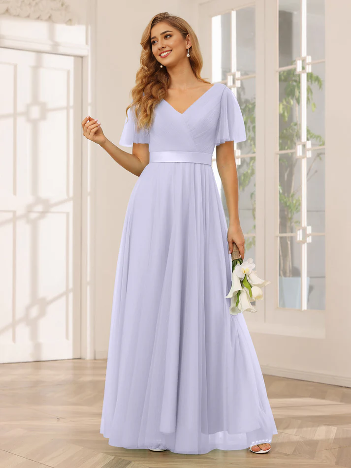 Chiffon Short-Sleeve V-Neck Belted Bodice A-Line Floor-Length Romantic Bridesmaid Dress