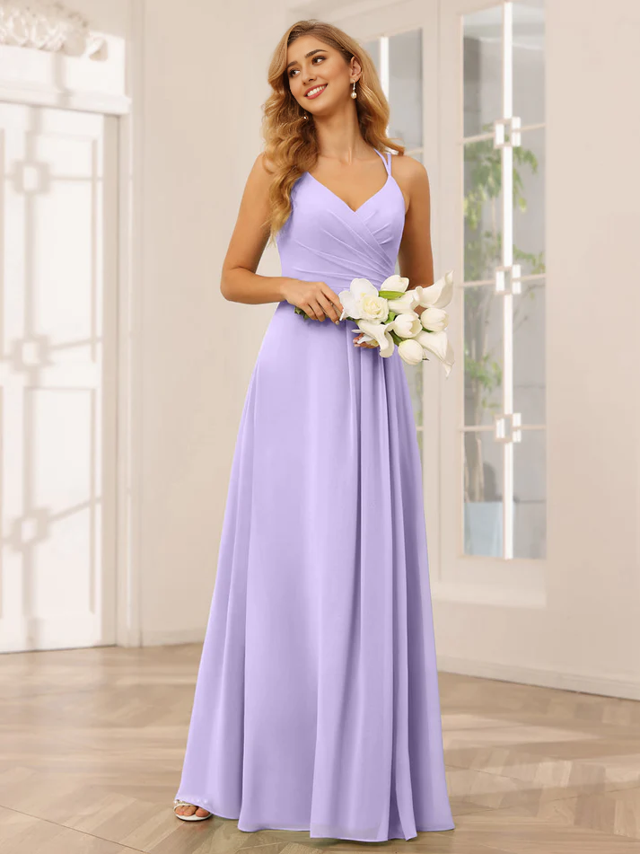 Chiffon Spaghetti-Strap Sweetheart Neckline Ruched Bodice A-Line Floor-Length Romantic Bridesmaid Dress