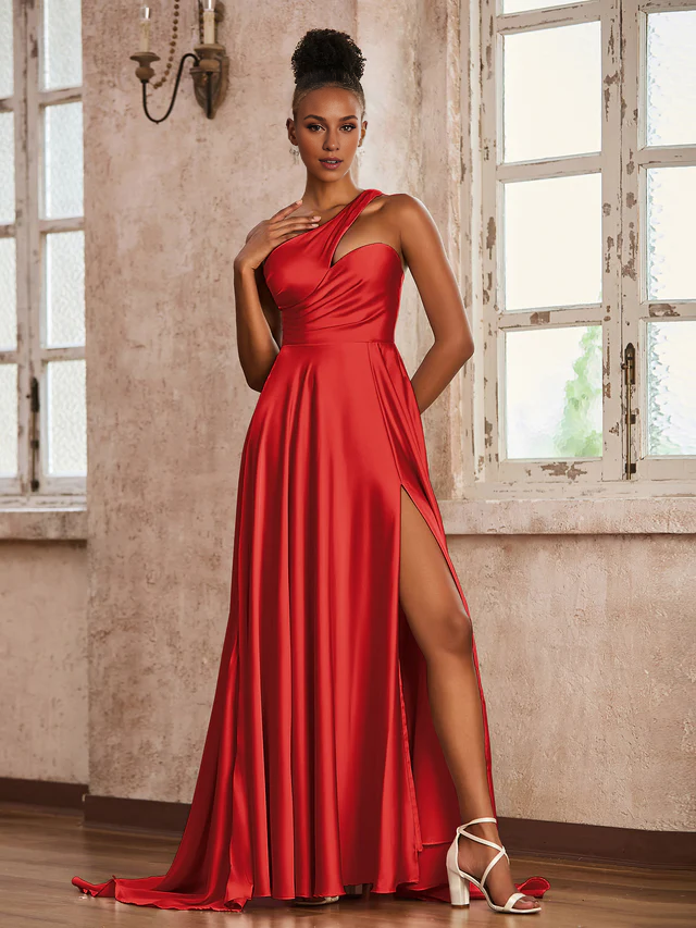 Satin Spaghetti-Strap Ruched Bodice High-Slit A-Line Train Floor-Length Bridesmaid Dresses