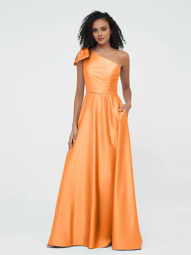 Elegant Satin A-Line One Shoulder Bow Back Maxi Bridesmaid Dress