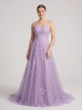 Lilac Tulle A-Line V-Neck Lace-up Floor-Length Dress with Floral Appliques