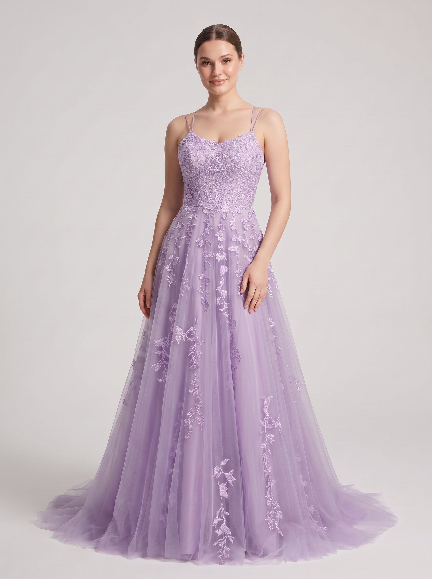 Lilac Tulle A-Line V-Neck Lace-up Floor-Length Dress with Floral Appliques