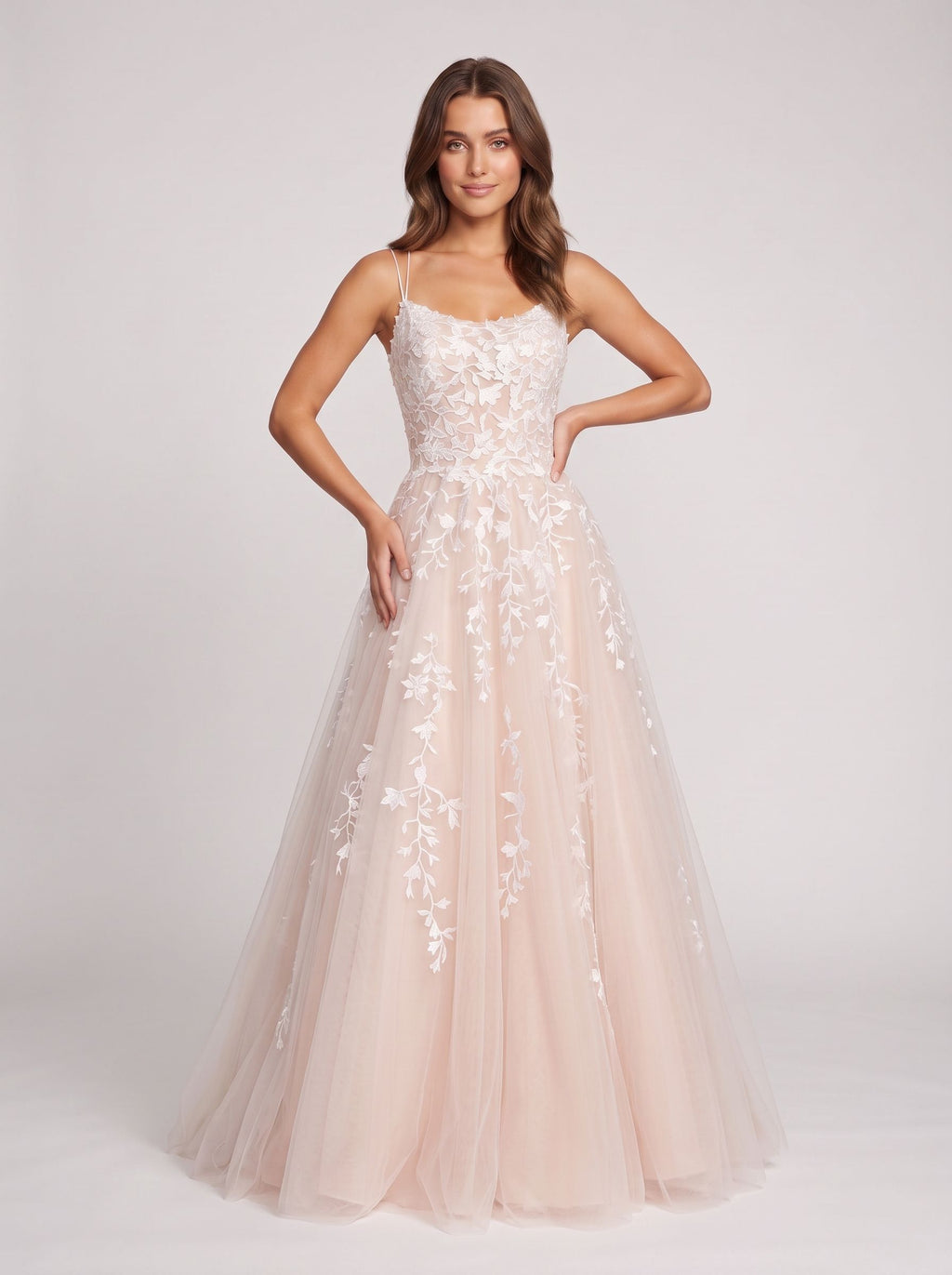 Blushing Pink Tulle A-Line Scoop Neck Lace-up Floor-Length Dress with Ruching
