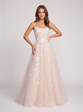 Blushing Pink Tulle A-Line Scoop Neck Lace-up Floor-Length Dress with Ruching
