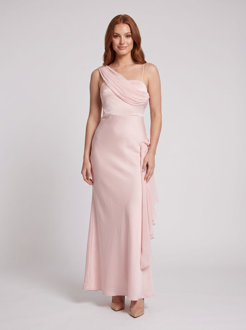 Blushing Pink Satin Sheath One Shoulder Side Zip Floor-Length Dress with Draped Sash