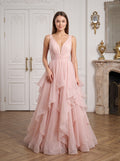 Blushing Pink Tulle A-Line V-Neck Back Zip Floor-Length Dress with Tiered Tulle