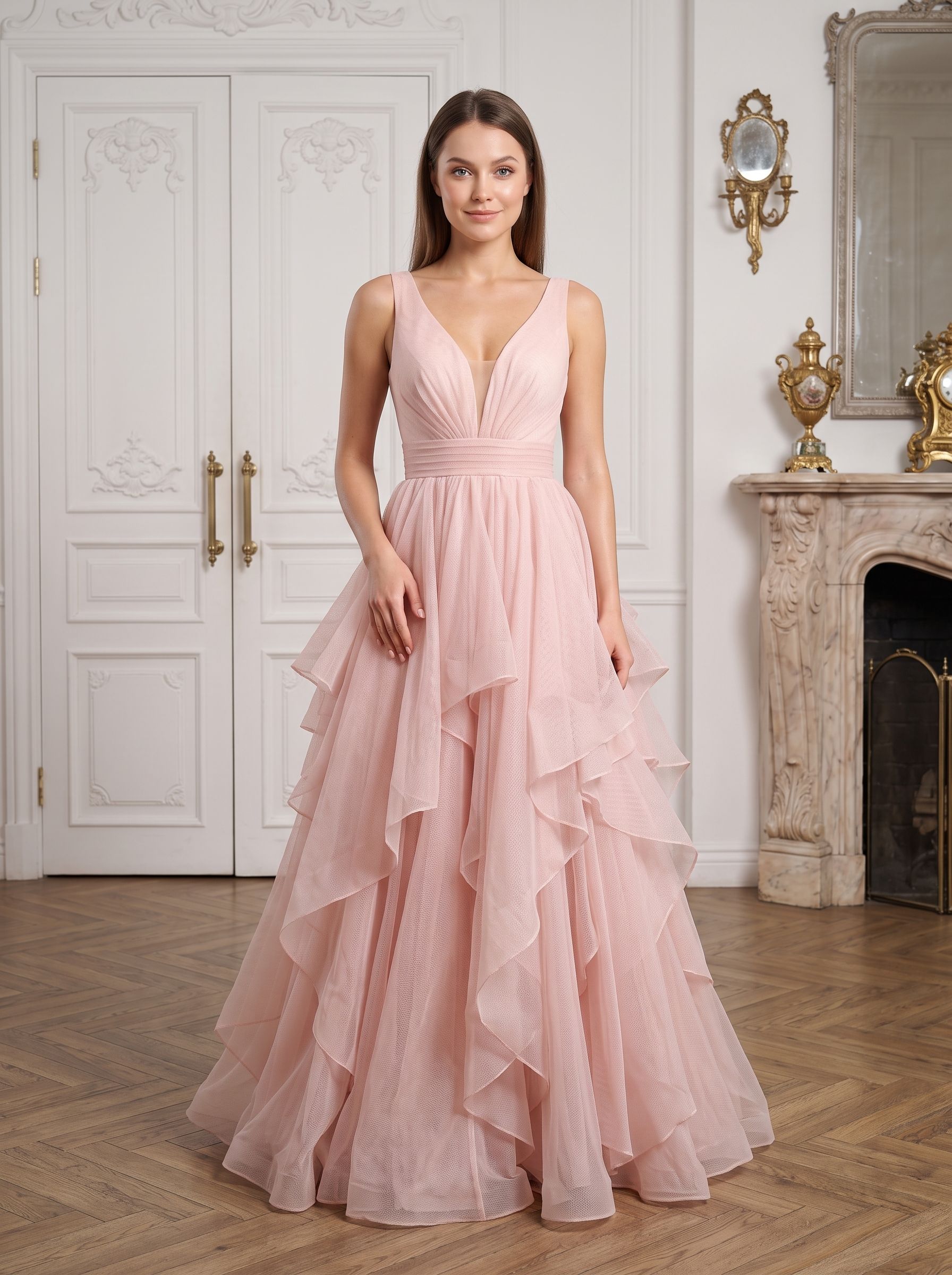 Blushing Pink Tulle A-Line V-Neck Back Zip Floor-Length Dress with Tiered Tulle
