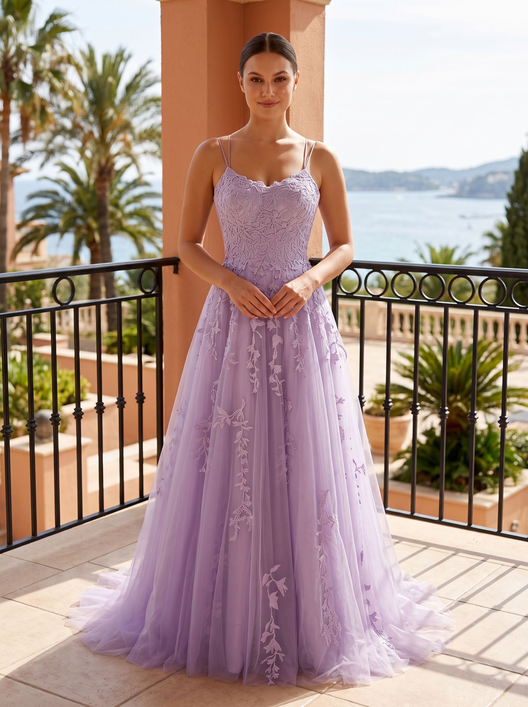 Lilac Tulle A-Line V-Neck Lace-up Floor-Length Dress with Floral Appliques