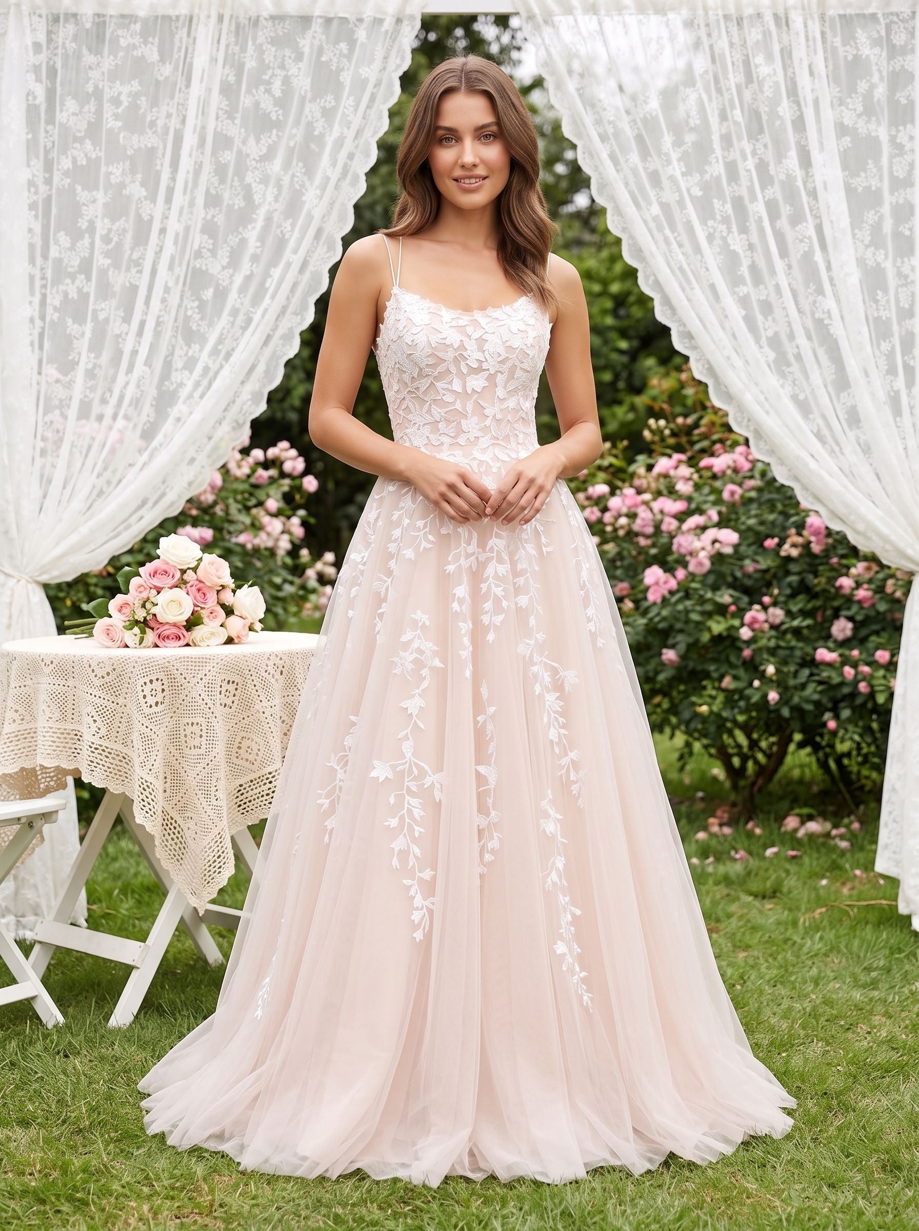 Blushing Pink Tulle A-Line Scoop Neck Lace-up Floor-Length Dress with Ruching