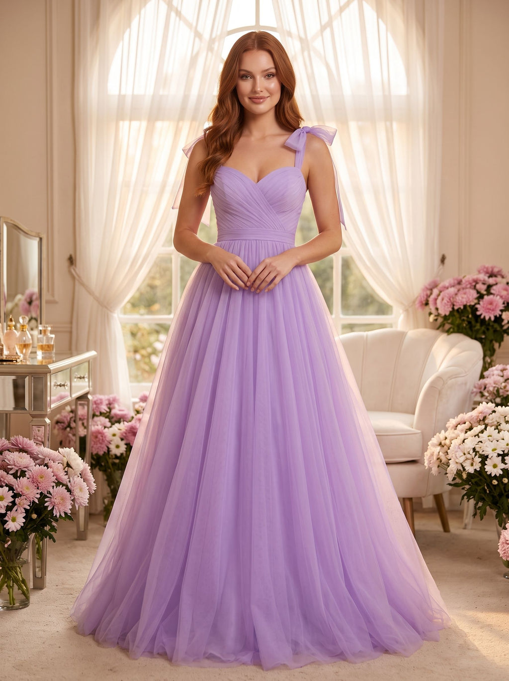 Lavender Tulle A-Line Sweetheart Backless Floor-Length Dress with Bow Shoulder Ties