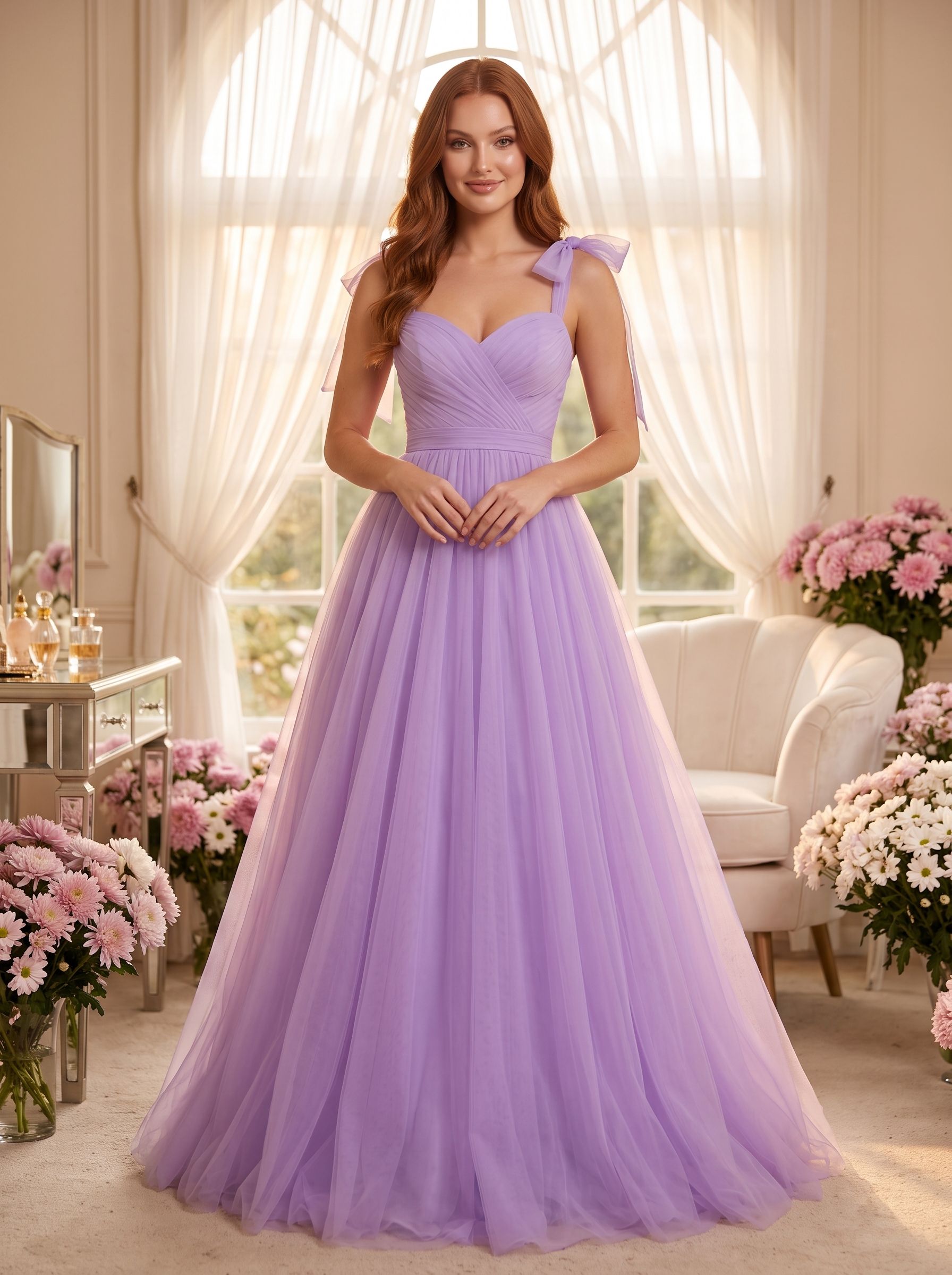Lavender Tulle A-Line Sweetheart Backless Floor-Length Dress with Bow Shoulder Ties