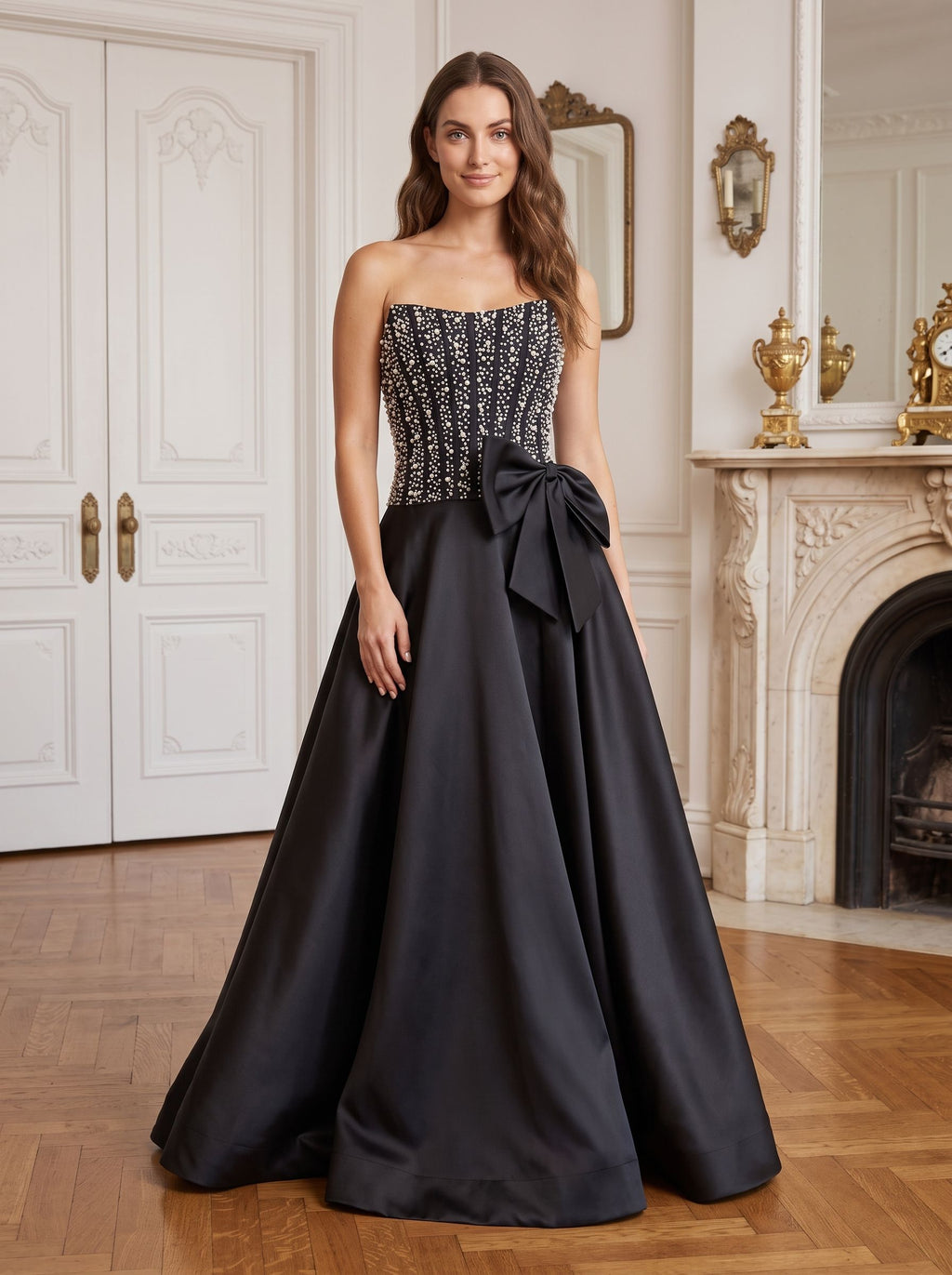 Black Satin A-Line Straight Neck Back Zip Floor-Length Dress with Beaded Bow