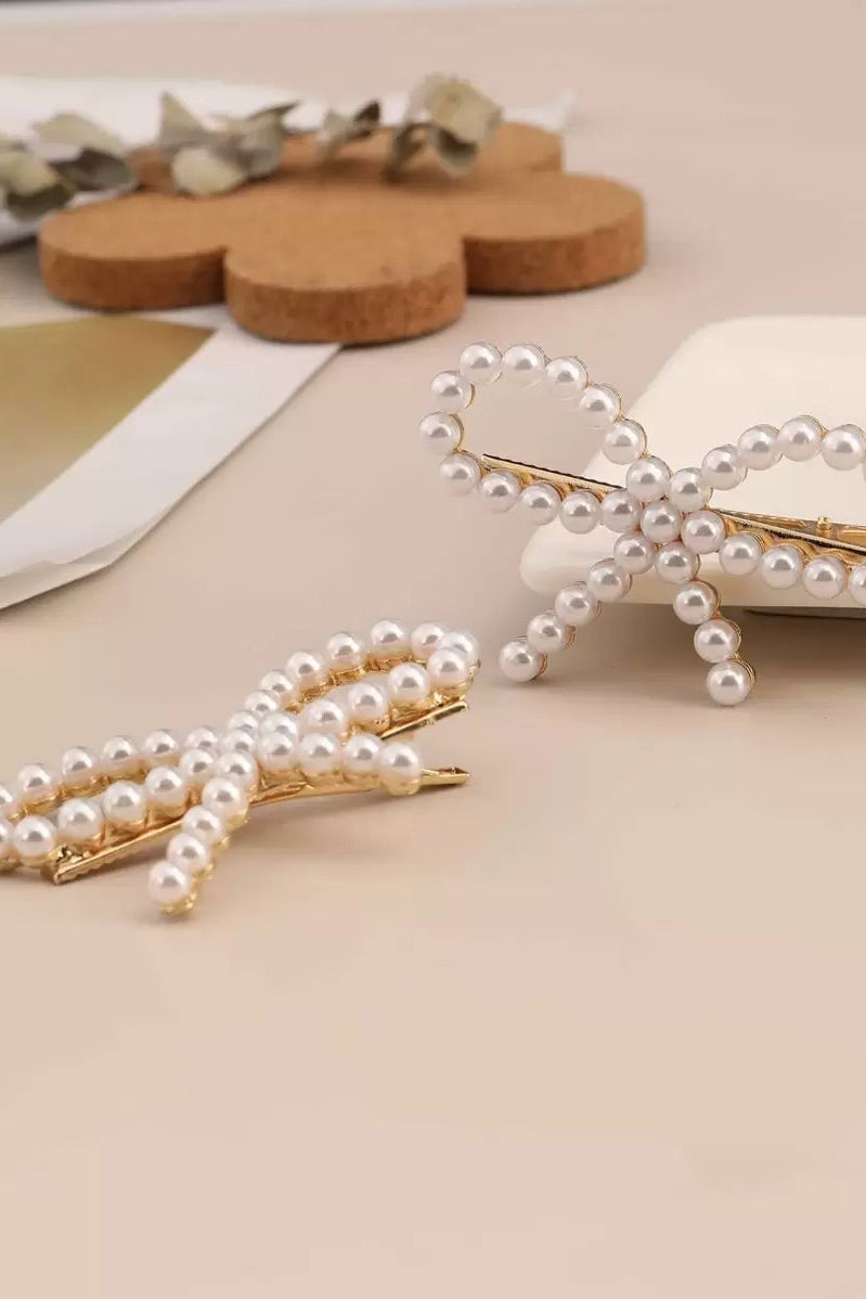 2 Pack Pearl Bow Hair Barrettes Gold Bowknot Alligator Hair Clips