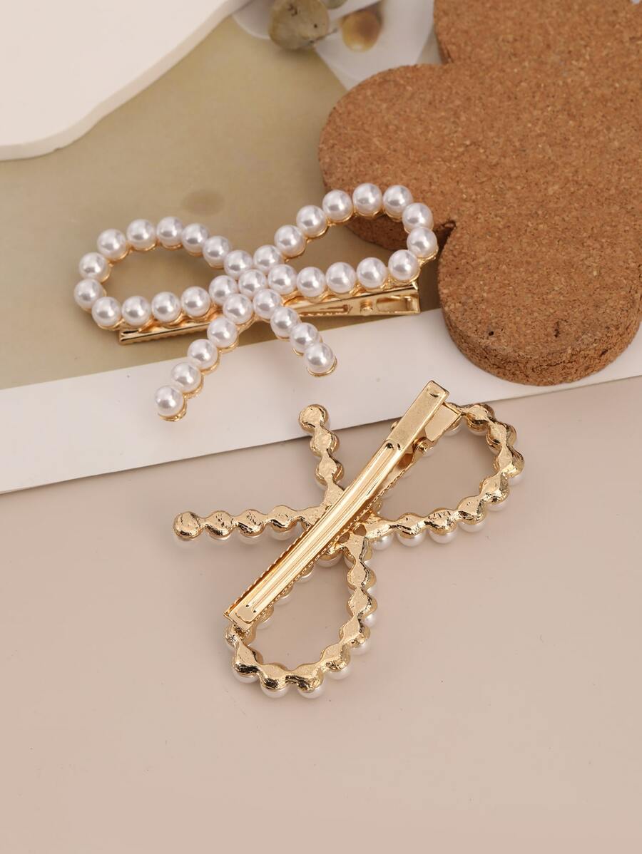 2 Pack Pearl Bow Hair Barrettes Gold Bowknot Alligator Hair Clips
