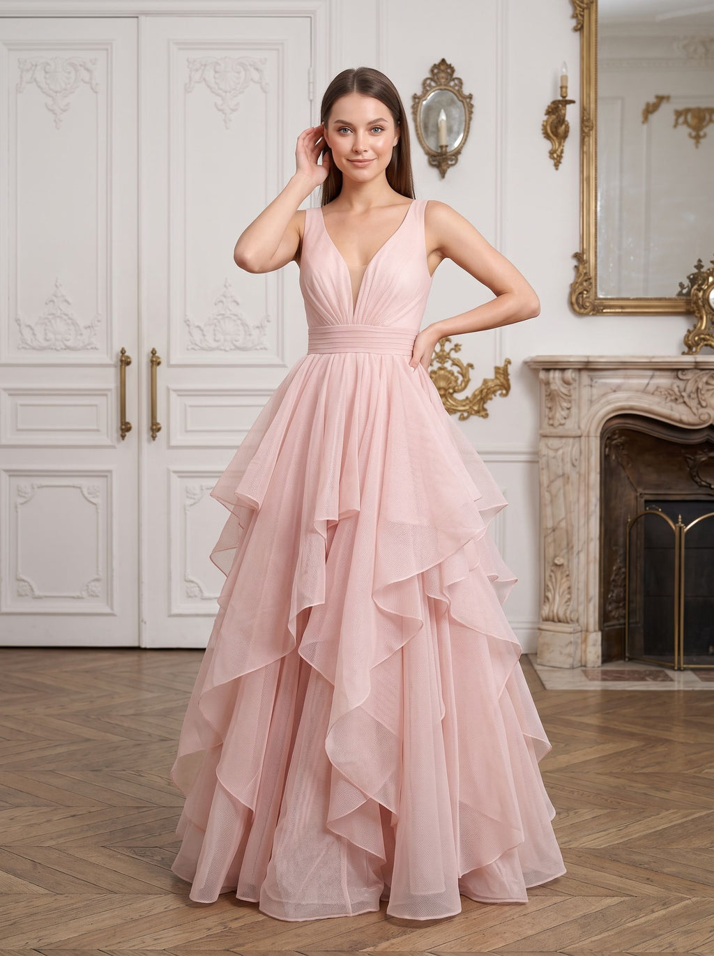 Blushing Pink Tulle A-Line V-Neck Back Zip Floor-Length Dress with Tiered Tulle