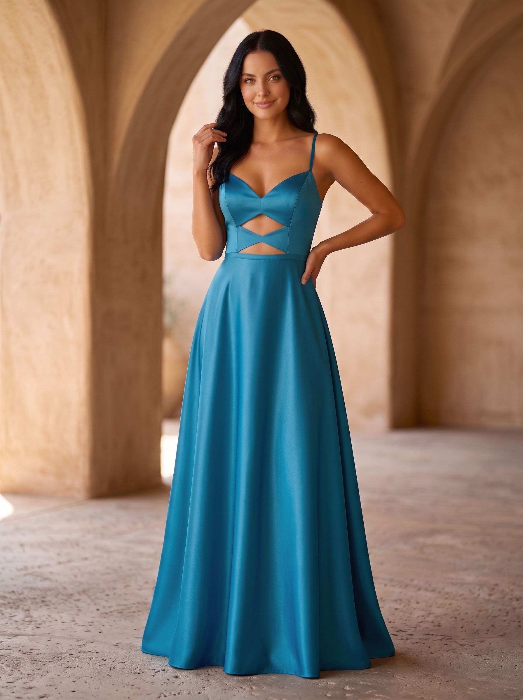 Peacock Blue Satin A-Line V-Neck Back Zip Floor-Length Dress with Spaghetti Straps