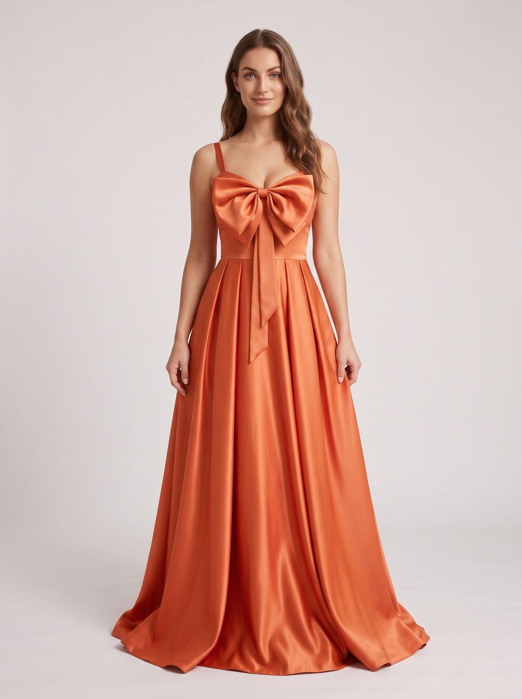 Orange Satin A-Line V-Neck Lace-up Floor-Length Dress with Pleated Bodice