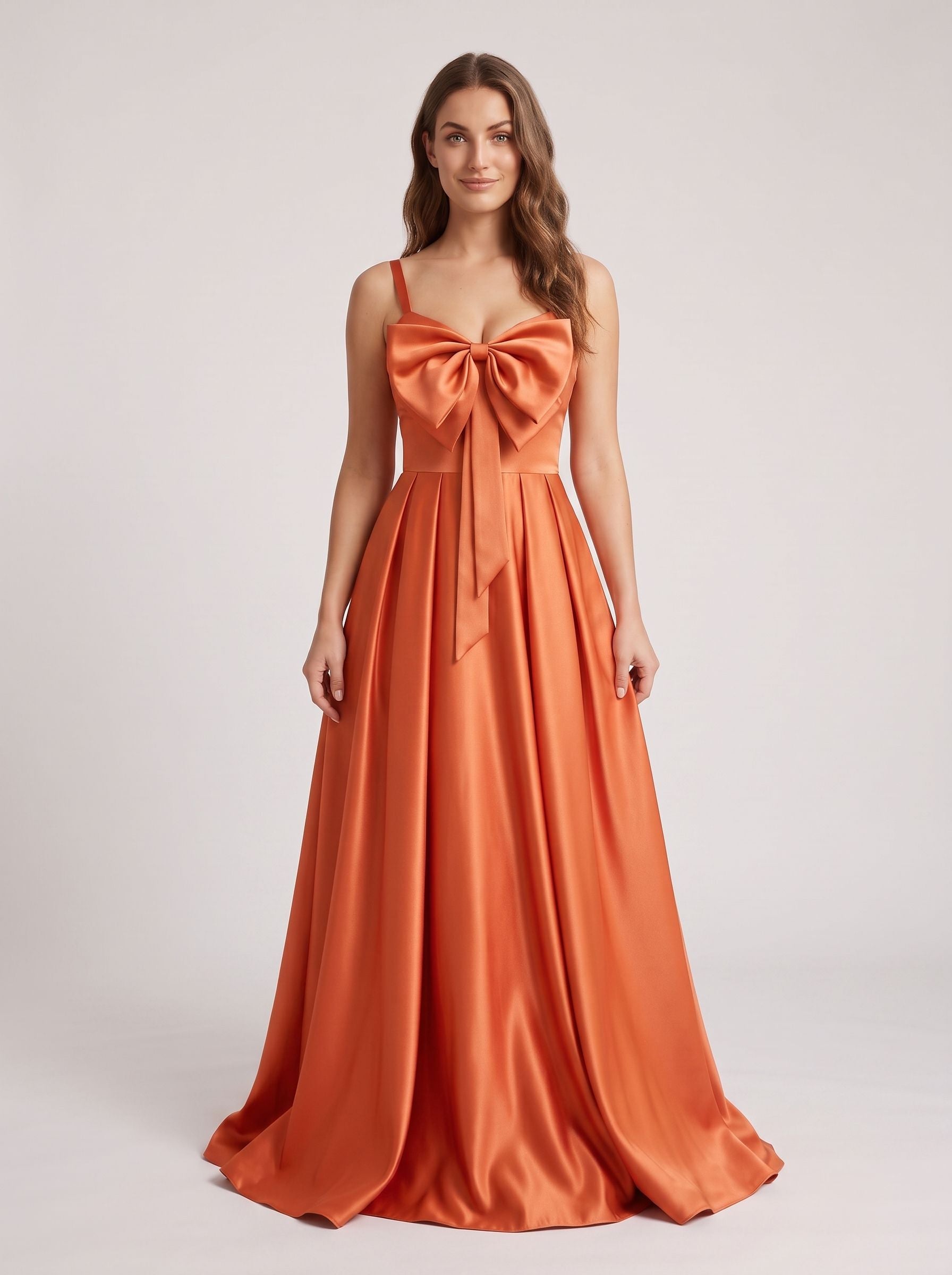Orange Satin A-Line V-Neck Lace-up Floor-Length Dress with Pleated Bodice