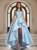 Sky Blue Satin A-Line Scoop Neck Back Zip Floor-Length Dress with Lace Applique Bodice and Side Slit