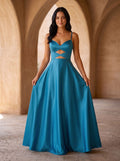 Peacock Blue Satin A-Line V-Neck Back Zip Floor-Length Dress with Spaghetti Straps