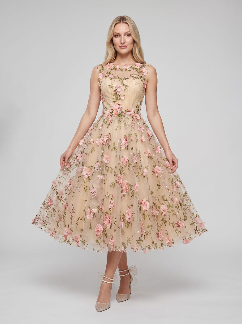 Blush Floral Tulle A-Line Scoop Neck Keyhole back Tea-Length with 3D Floral Appliques