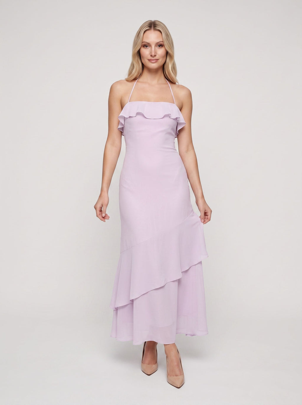 Lilac Chiffon Sheath Halter neckline Backless Floor-Length Dress with Tiered Hem