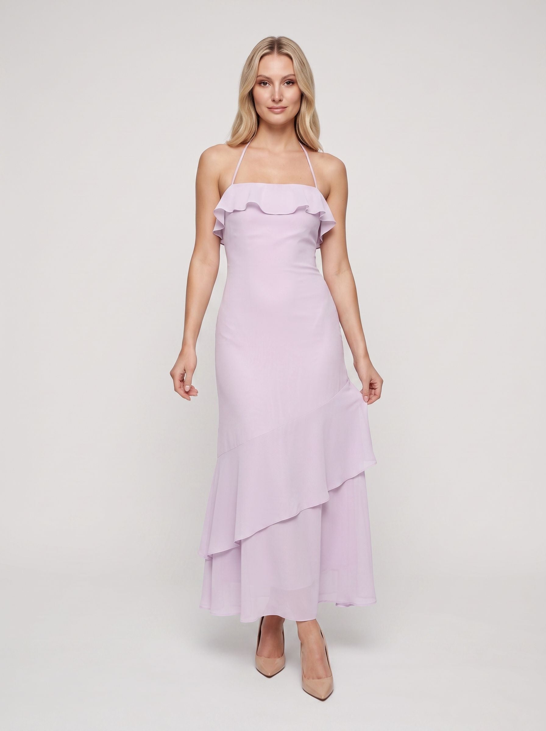 Lilac Chiffon Sheath Halter neckline Backless Floor-Length Dress with Tiered Hem