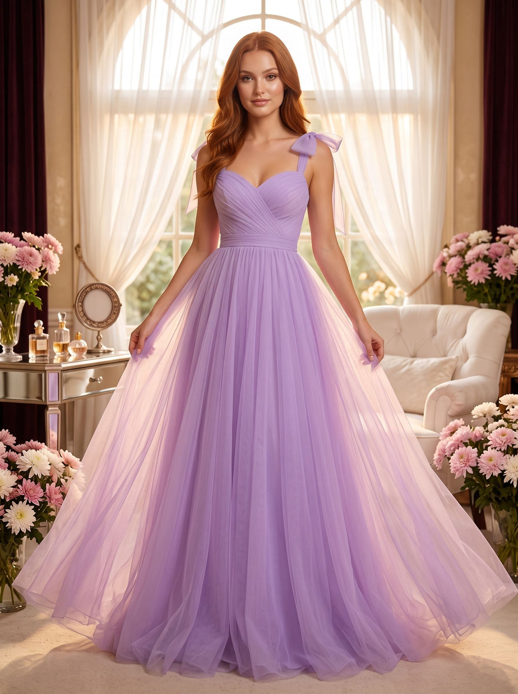 Lavender Tulle A-Line Sweetheart Backless Floor-Length Dress with Bow Shoulder Ties